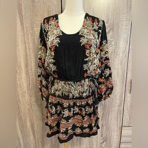 FREE PEOPLE Boho Black Beige & Orange Floral Dress with stretch waist. Sz S